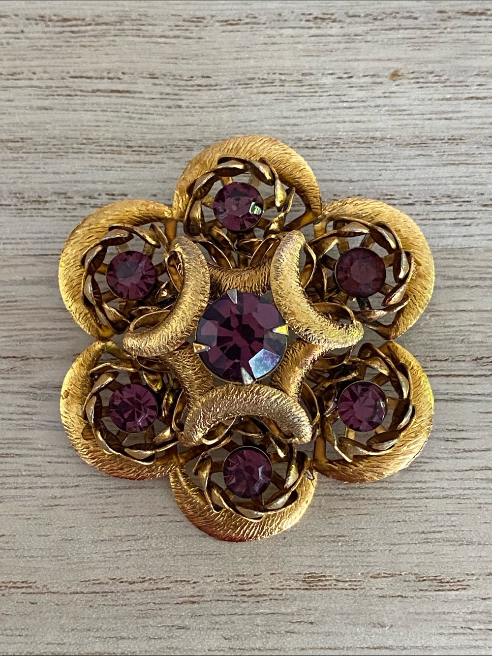 Vintage Beau Jewels Amethyst Rhinestone Flower Brooch | 3-D Tiered 1960s Floral